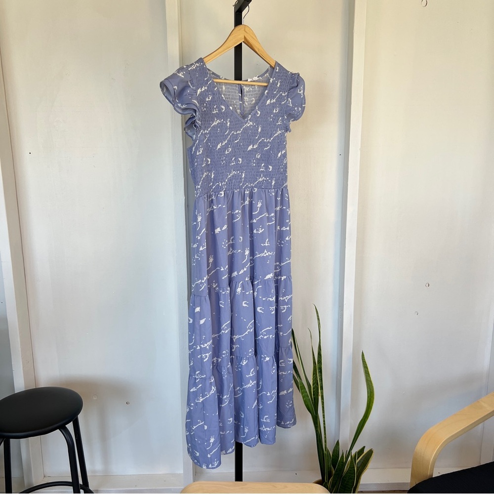 THML Blue Midi Dress with White Pattern